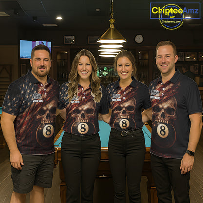 Grunge Vintage US Flag Skull Pool 8 Ball Women's Billiard Shirt Custom Retro Billiard Team Attire NYN2563