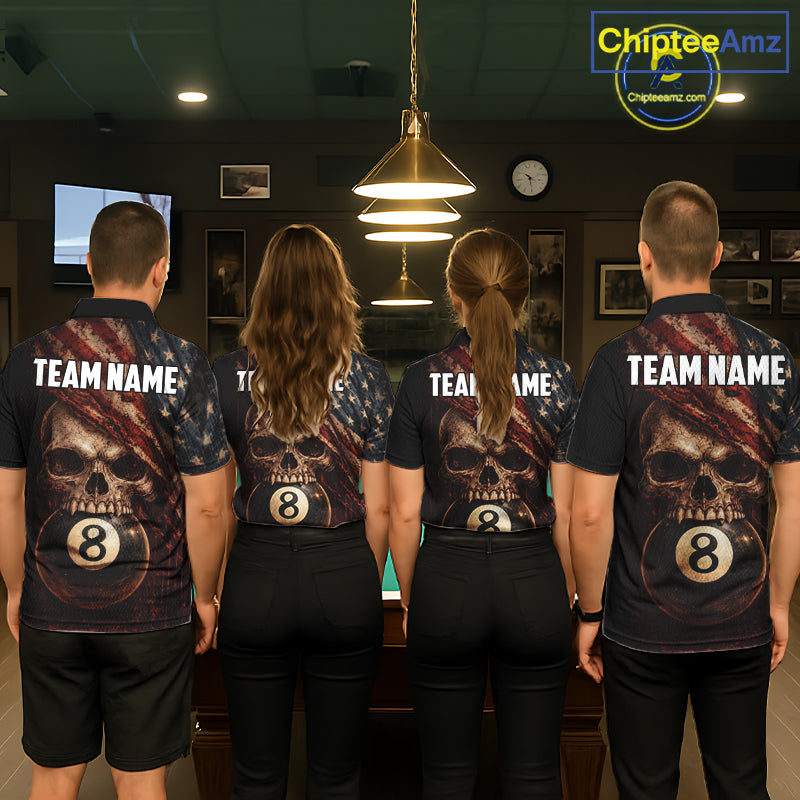 Grunge Vintage US Flag Skull Pool 8 Ball Women's Billiard Shirt Custom Retro Billiard Team Attire NYN2563