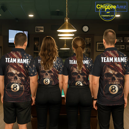 Grunge Vintage US Flag Skull Pool 8 Ball Women's Billiard Shirt Custom Retro Billiard Team Attire NYN2563
