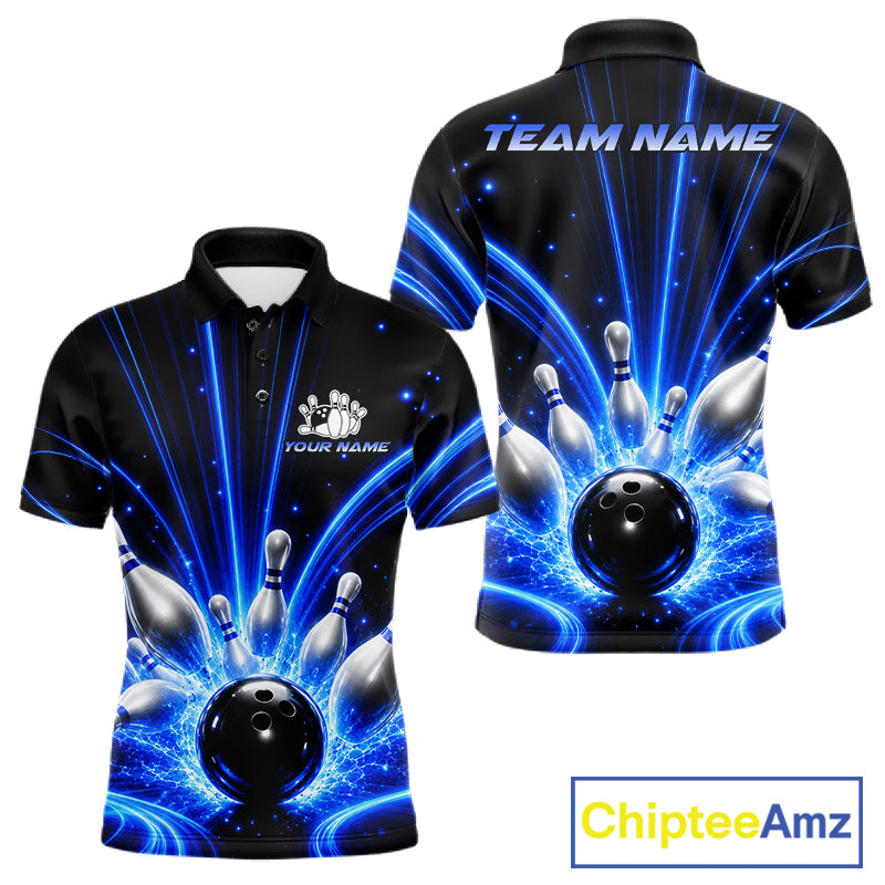 Thunder Bowling Ball And Pins Bowling Polo Shirt For Men Custom Blue Lightning Team Bowling League Jersey Personalized Bowler Apparel