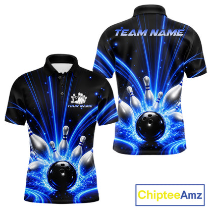 Thunder Bowling Ball And Pins Bowling Polo Shirt For Men Custom Blue Lightning Team Bowling League Jersey Personalized Bowler Apparel