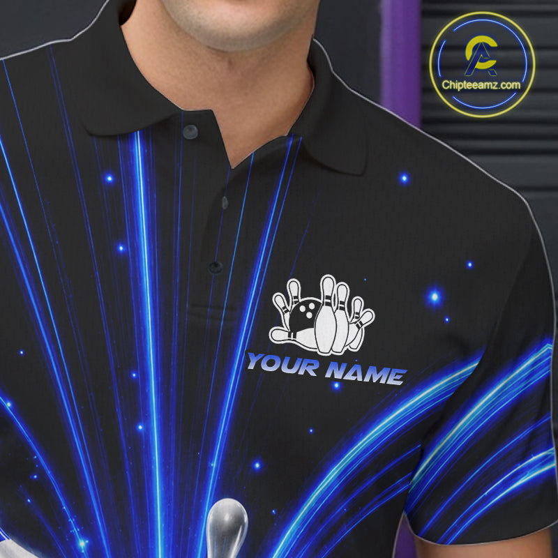 Male bowler wearing Thunder Bowling Ball And Pins blue lightning bowling jersey custom league uniform