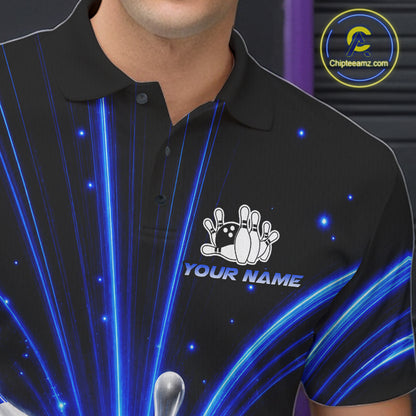 Male bowler wearing Thunder Bowling Ball And Pins blue lightning bowling jersey custom league uniform