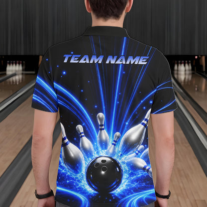 Male bowler wearing Thunder Bowling Ball And Pins blue lightning bowling jersey custom league uniform
