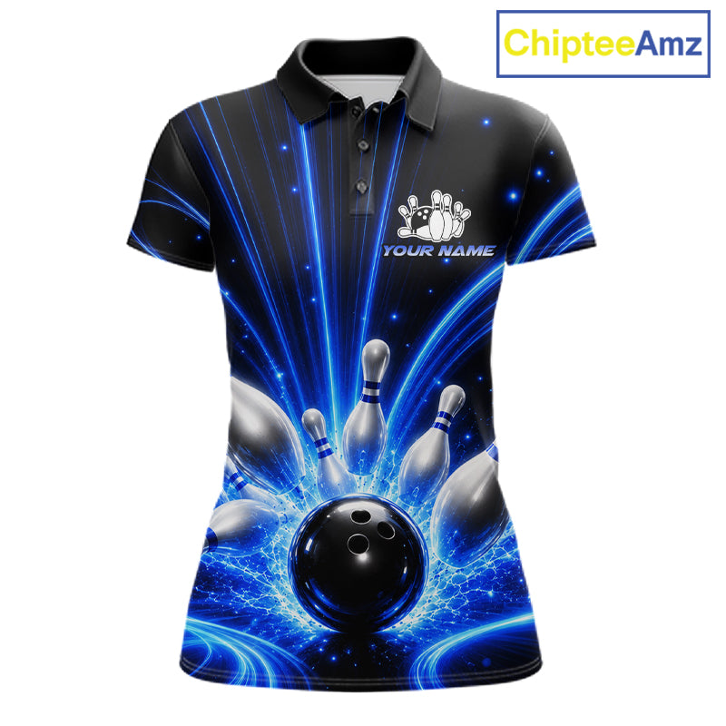 Thunder Bowling Ball And Pins Bowling Polo Shirt For Women Custom Blue Lightning Bowling Team Jersey Personalized League Apparel