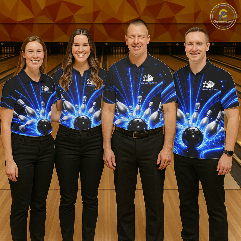 Men women bowling team wearing Thunder Bowling Ball And Pins blue lightning bowling jerseys matching league apparel
