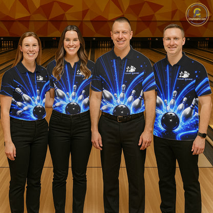 Men women bowling team wearing Thunder Bowling Ball And Pins blue lightning bowling jerseys matching league apparel