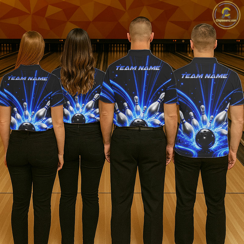 Men women bowling team wearing Thunder Bowling Ball And Pins blue lightning bowling jerseys matching league apparel