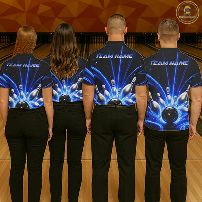 Men women bowling team wearing Thunder Bowling Ball And Pins blue lightning bowling jerseys matching league apparel