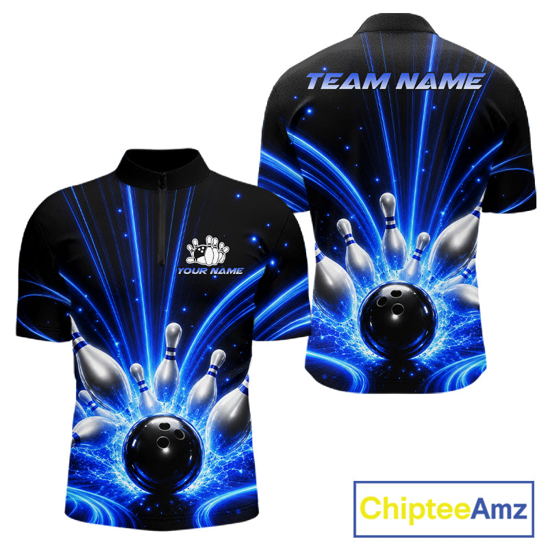 Thunder Bowling Ball And Pins Bowling Quarter-Zip Shirt For Men Custom Blue Lightning Bowling Team Jersey
