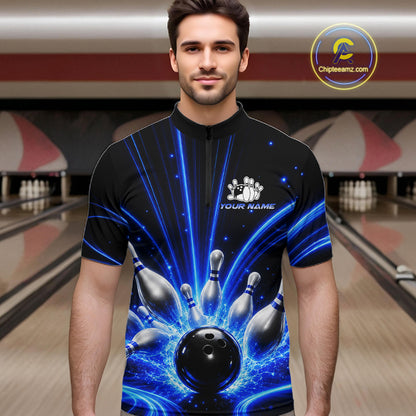 Male bowler wearing Thunder Bowling Ball And Pins blue lightning bowling jersey custom league uniform