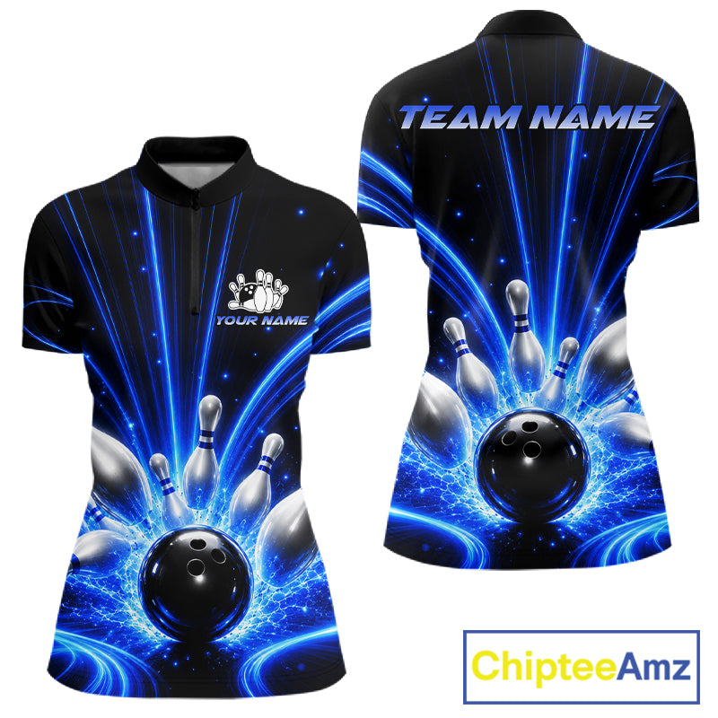 Thunder Bowling Ball And Pins Bowling Quarter-Zip Shirt For Women Custom Blue Lightning Team Bowling Jersey Tournament Uniform