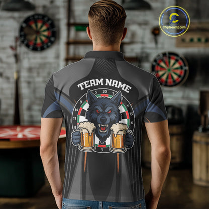 Custom Wolf With Beer Funny Dart Polo Shirts For Men Dart Team Jerseys NYN1552