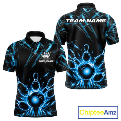Black and Blue Neon bowling ball and pins men's polo shirt custom bowling team jersey, personalized bowling league shirt, neon bowling apparel