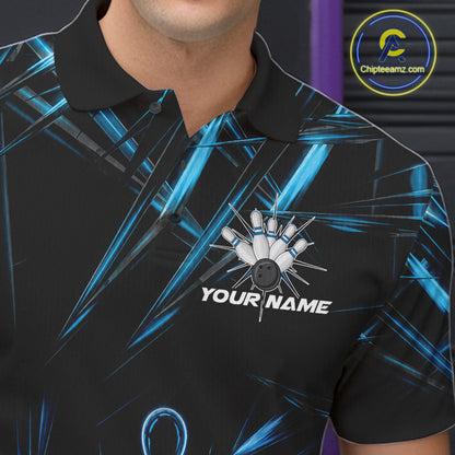 Male bowler wearing Black and Blue Neon bowling ball and pins jersey, custom bowling league apparel