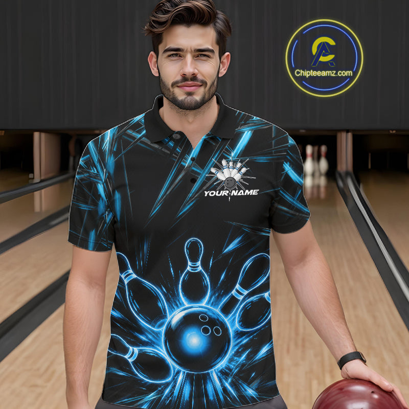 Male bowler wearing Black and Blue Neon bowling ball and pins jersey, custom bowling league apparel
