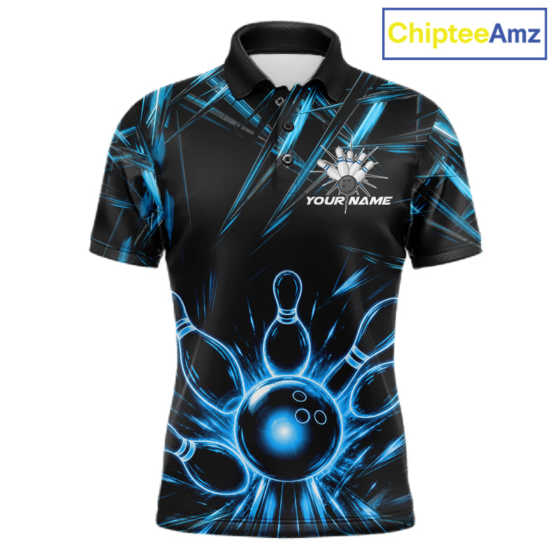 Black and Blue Neon bowling ball and pins men's polo shirt custom bowling team jersey, personalized bowling league shirt, neon bowling apparel