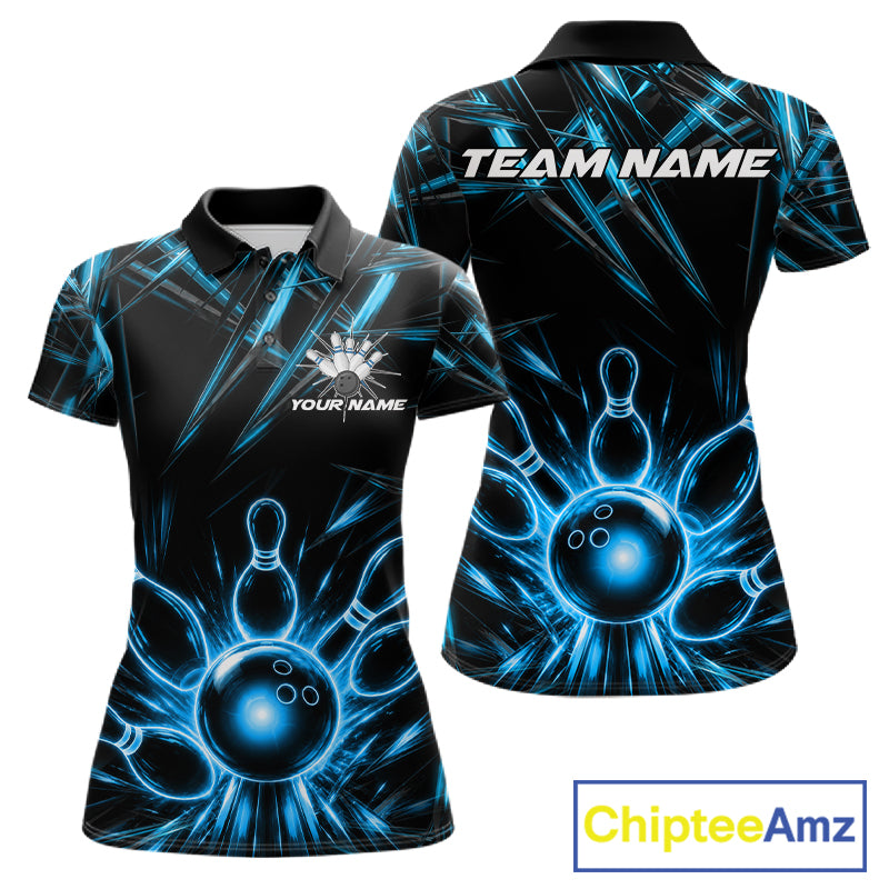 Black and Blue Neon bowling ball and pins women's polo shirt custom bowling team jersey, personalized bowling league shirt, neon bowling apparel
