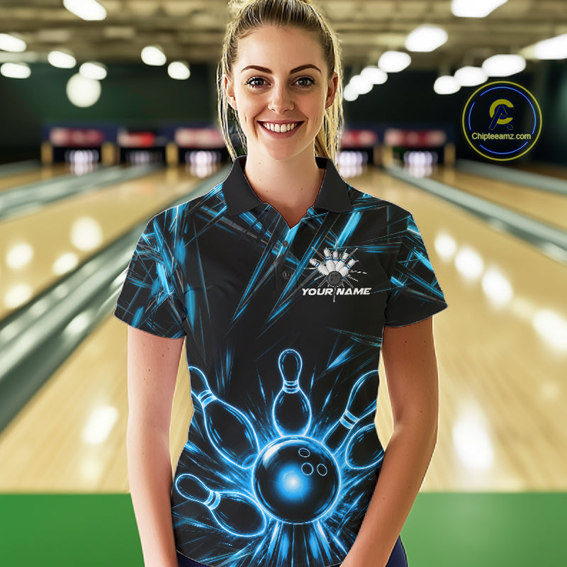 Female bowler wearing Black and Blue Neon bowling ball and pins jersey, custom bowling league apparel