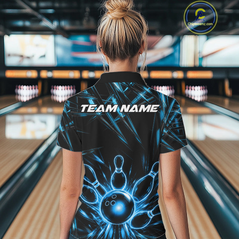 Female bowler wearing Black and Blue Neon bowling ball and pins jersey, custom bowling league apparel