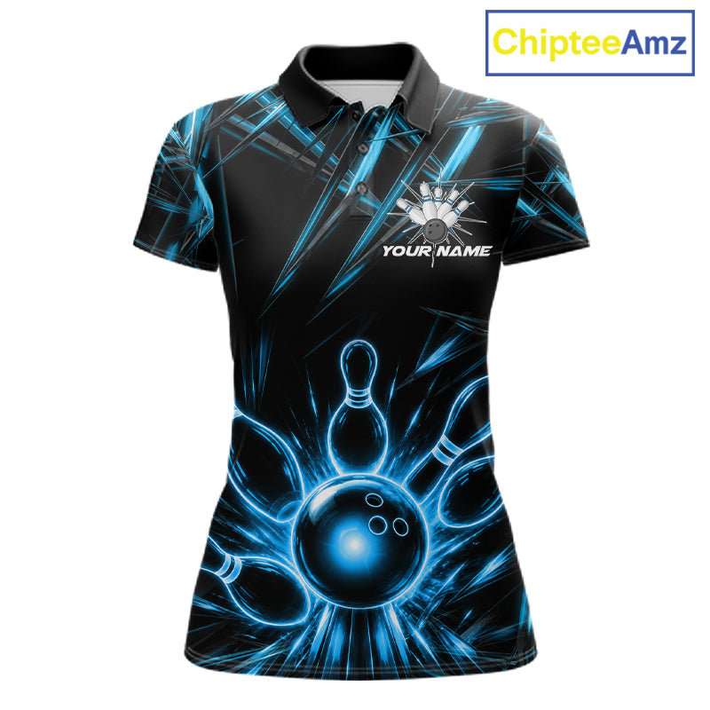 Black and Blue Neon bowling ball and pins women's polo shirt custom bowling team jersey, personalized bowling league shirt, neon bowling apparel