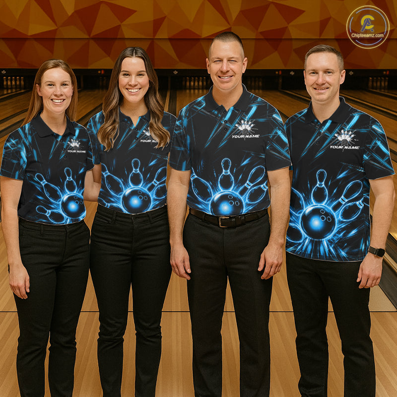 Men women bowling team wearing Black and Blue Neon bowling jerseys, matching bowling ball and pins team uniforms