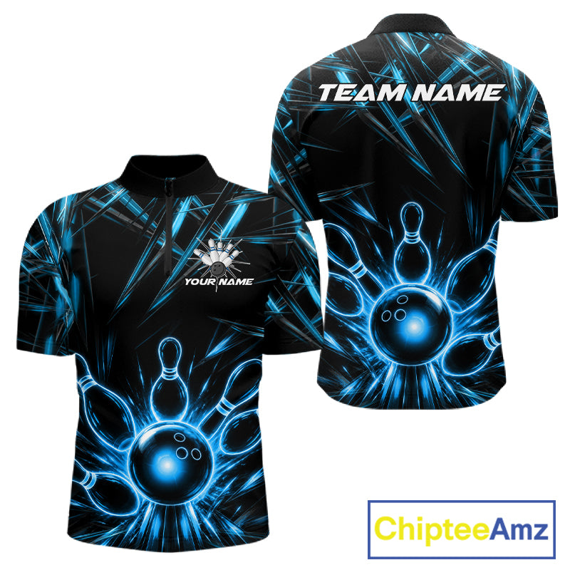 Black and Blue Neon bowling ball and pins men's quarter zip bowling shirt, custom bowling team uniform, personalized bowling jersey
