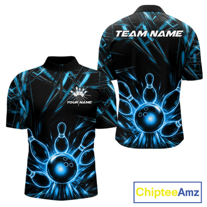 Black and Blue Neon bowling ball and pins men's quarter zip bowling shirt, custom bowling team uniform, personalized bowling jersey