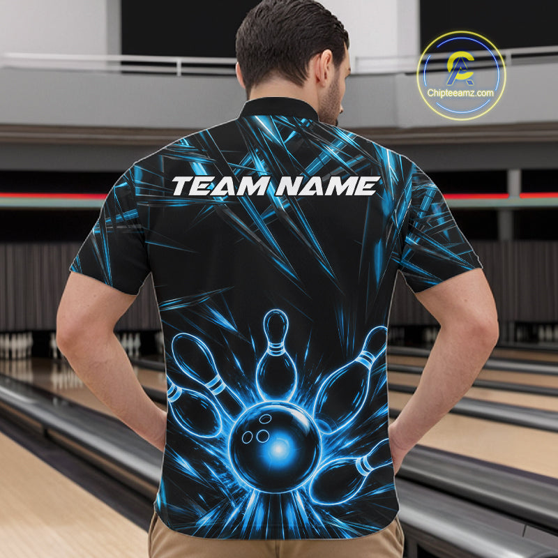 Male bowler wearing Black and Blue Neon bowling ball and pins jersey, custom bowling league apparel