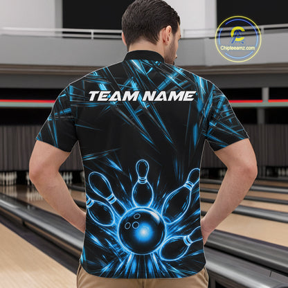 Male bowler wearing Black and Blue Neon bowling ball and pins jersey, custom bowling league apparel