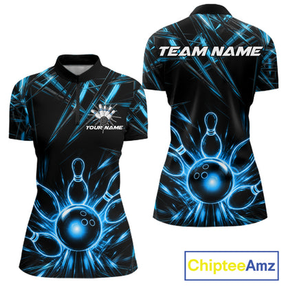Black and Blue Neon bowling ball and pins women's quarter zip bowling shirt, custom bowling team uniform, personalized bowling jersey