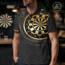 Load image into Gallery viewer, Black &amp; Gold Gradient Dartboard Mens Dart Polo Quarter Zip Shirts Custom Team Name Dart Jerseys NYN3630
