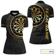 Load image into Gallery viewer, Black &amp; Gold Gradient Dartboard Womens Dart Polo Quarter Zip Shirts Custom Team Name Dart Jerseys NYN3630