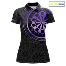 Load image into Gallery viewer, Black &amp; Purple Gradient Dartboard Womens Dart Polo Quarter Zip Shirts Custom Team Name Dart Jerseys NYN3632