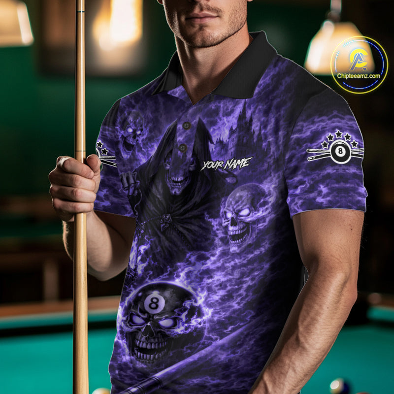 Fire Flames Purple Grim Reaper Skull 8 Ball Pool Men Billiard Shirt Personalized Billiard Team Names NYN2736