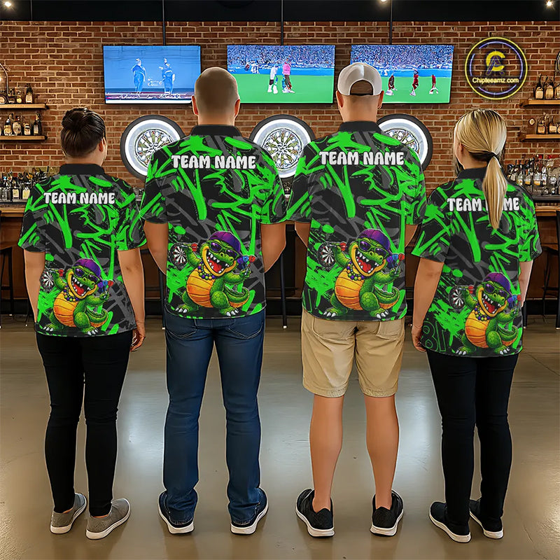 Green Grafffiti Play Darts Polo & Quarter Zip Shirt Personalized Funny Crocodile Men Darts Jersey NYN2948