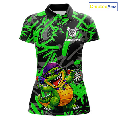 Green Grafffiti Play Darts Polo & Quarter Zip Shirt Personalized Funny Crocodile Women Darts Jersey NYN2948