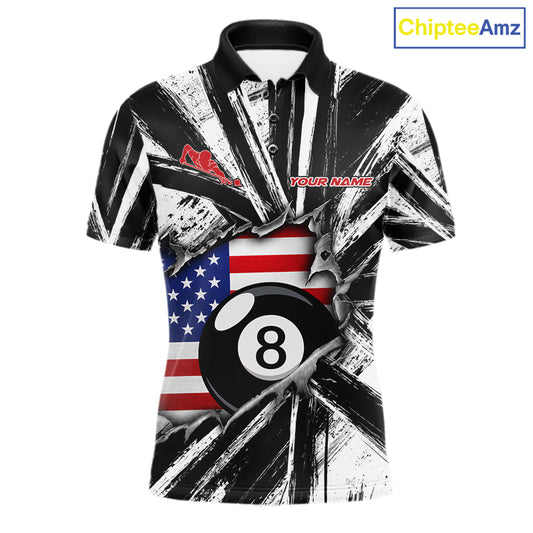 Black And White Grunge Billiard Polo Shirt For Men, Torn US Flag 8 Ball Pool Jersey, Patriotic Billiards Apparel