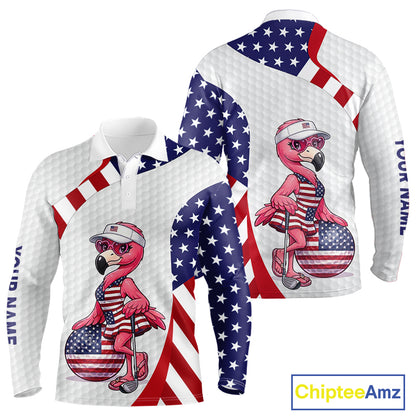 Flamingo Custom Name White American Flag Patriotic Golf Mens Polo Shirt, Flamingo Golf Clothing For Mens NYN2960