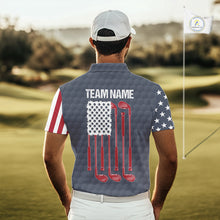 Load image into Gallery viewer, Male golfer wearing personalized American flag golf polo with grey golf ball design during tournament, ideal for patriotic golfers, veterans, golf clubs, Father's Day gifts and USA team spirit.