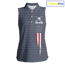 Load image into Gallery viewer, Women's sleeveless golf polo featuring grey golf ball pattern and American flag patriotic artwork, personalized performance golf apparel for USA golf teams, tournaments, Memorial Day, Independence Day, symbolizing freedom and national pride