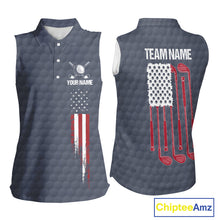 Load image into Gallery viewer, Women's sleeveless golf polo featuring grey golf ball pattern and American flag patriotic artwork, personalized performance golf apparel for USA golf teams, tournaments, Memorial Day, Independence Day, symbolizing freedom and national pride