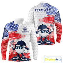 Load image into Gallery viewer, Men's golf polo featuring colorful splash painting golf ball graphics with American flag artwork, custom performance golf shirt for men's golf tournaments, league play and patriotic golfers, representing creativity, energy and USA spirit.