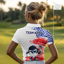Load image into Gallery viewer, Female golfer wearing artistic patriotic golf polo featuring colorful splash golf ball artwork, perfect for women's golf leagues, charity tournaments and Independence Day celebrations.