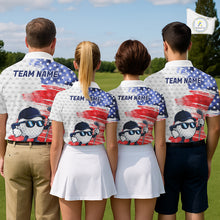 Load image into Gallery viewer, Golf team wearing matching splash painting American flag golf polos, personalized team uniforms for golf outings, summer competitions and corporate tournaments, representing creativity, unity and American spirit.