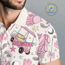 Load image into Gallery viewer, Male golfer wearing personalized pink golf club polo supporting charity golf tournaments, Father's Day golf gifts, team events and golf lifestyle.