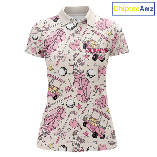 Women's golf polo with elegant pink golf club graphics, custom performance golf shirt for ladies golf leagues, Mother's Day gifts, golf outings and team uniforms.