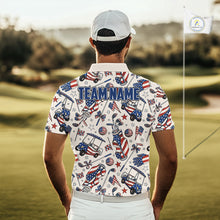 Load image into Gallery viewer, Male golfer wearing American flag golf polo with pink golf clubs during patriotic golf tournament, symbolizing freedom, brotherhood and golf tradition.
