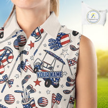 Load image into Gallery viewer, Female golfer wearing personalized patriotic golf polo for Fourth of July golf outing, ladies golf league and USA golf competitions.