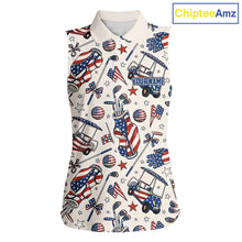 Load image into Gallery viewer, Women's sleeveless golf polo featuring pink golf clubs with patriotic American flag artwork, personalized Fourth of July golf apparel representing liberty, celebration and USA pride.